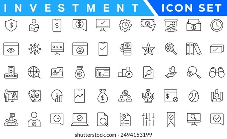 Investment icon set. Containing investor, mutual fund, asset, risk management, economy, financial gain, interest and stock icons