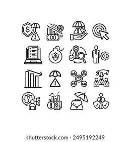 Investment icon set. Containing investor, mutual fund, asset, risk management, economy, financial gain, interest and stock icons. Solid icon collection.
