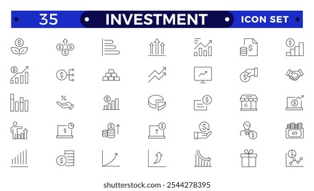 Investment icon set. Containing investor, mutual fund, asset, risk management, economy, financial gain, interest and stock icons. Stockbroker,  investor, private equity, angel investing. 
