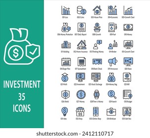 Investment icon set. Containing Loss, coins, house price, economic, growth chart, money protection, growth, money, house insurance, broker, bank check, investment, budget and online shop.Outline color