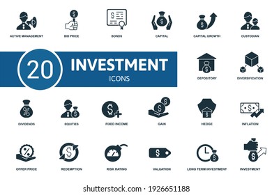 Investment icon set. Contains editable icons investment theme such as bid price, capital, custodian and more.