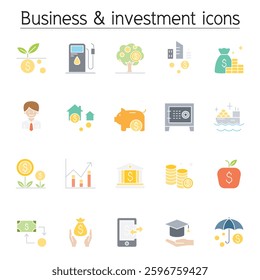 Investment icon set in flat color style