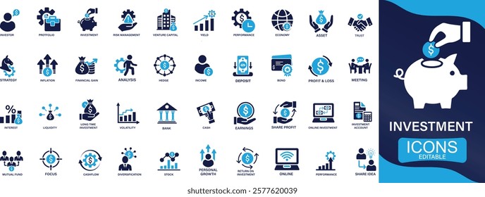 Investment icon set investor, mutual fund, asset, risk management, economy, financial gain, interest and stock, You can easily change the color.