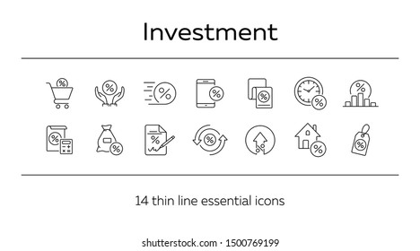 Investment icon set. Line icons collection on white background. Credit, loan, percent. Selling concept. Can be used for topics like money, finances, economy