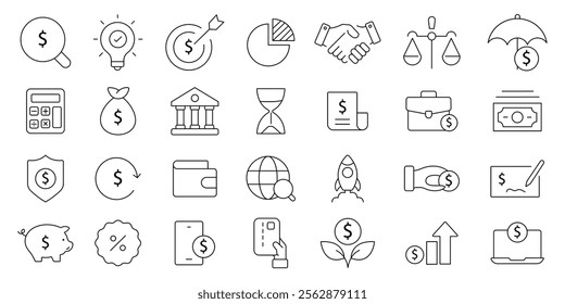  investment icon set. money, effort, time, energy, profit, advantage, investment, and more .editable stroke thin outline icons.	