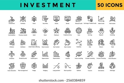 Investment icon set with portfolio, asset, securities, stocks, bonds, mutual funds, exchange traded funds, index funds, real estate, commodities icon. Simple line vector 
