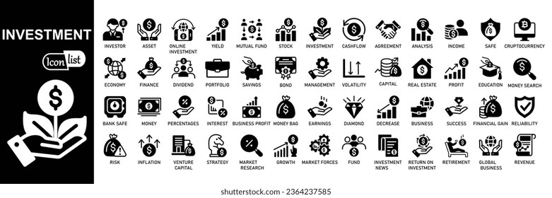 Juego de iconos de inversión .Ilustración vectorial de los iconos de inversión .Inversión, Beneficio, Activo, Inversor, Cartera, Dividendo, Capital, Riesgo, Inflación.