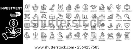 Investment icon set .Investment, Profit, Asset, Investor, Portfolio, Dividend, Capital, Risk, Inflation icons vector illustration.