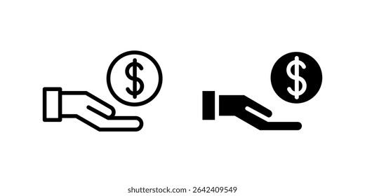 Investment icon set showing hand with currency symbol for capital funding, loans, or donations