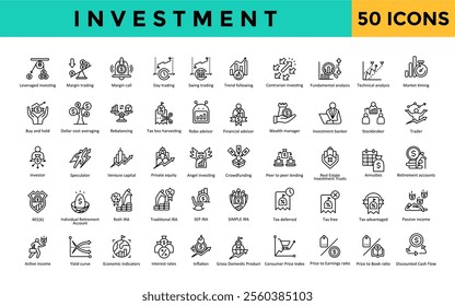 Investment icon set with stockbroker, trader, investor, speculator, venture capital, private equity, angel investing, crowdfunding, peer to peer lending icon. Simple line vector 
