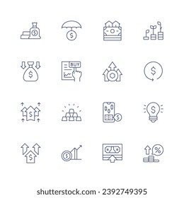 Investment icon set. Thin line icon. Editable stroke. Containing cash, money loss, income, profit, investment, stock market, return, investment insurance, buy, gold ingots, idea, investing, return.