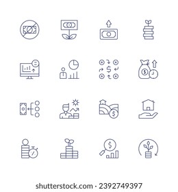 Investment icon set. Thin line icon. Editable stroke. Containing no money, trading, crowdfunding, loan, money, investment, land, house, search, statistics, growth.