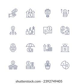 Investment icon set. Thin line icon. Editable stroke. Containing mortgage, idea, burden, dollar, think, investment, money, profit, growth, earnings, pie chart, insurance.