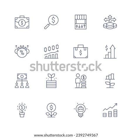 Investment icon set. Thin line icon. Editable stroke. Containing briefcase, commission, crowdfunding, money, stock market, investment, person, idea, pursuit of profit, trading, profits, growth.