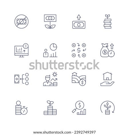 Investment icon set. Thin line icon. Editable stroke. Containing no money, trading, crowdfunding, loan, money, investment, land, house, search, statistics, growth.