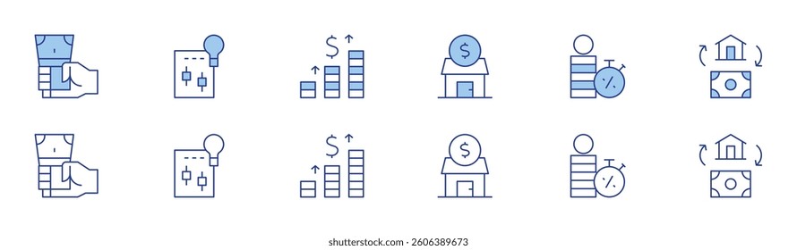 Investment icon set in two styles, Duotone and Thin Line style. Editable stroke. trade, salary, loan, income, investment, home.