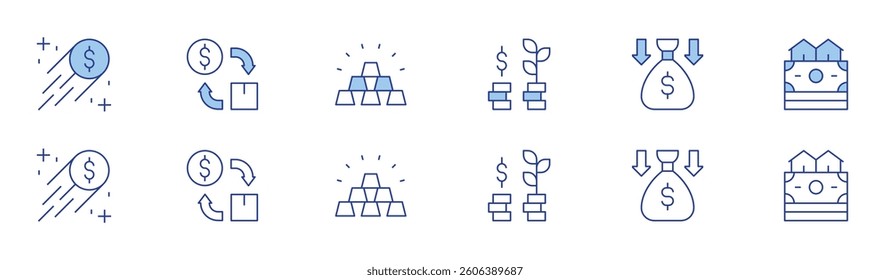 Investment icon set in two styles, Duotone and Thin Line style. Editable stroke. money loss, income, cash flow, gold ingots, money, profit.