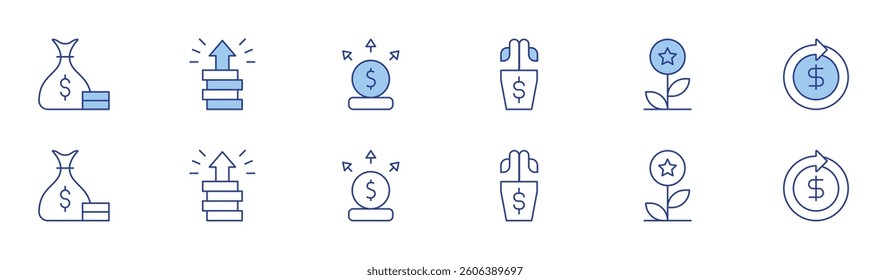 Investment icon set in two styles, Duotone and Thin Line style. Editable stroke. increase, liability, growth, circular economy, bad investment, money bag.