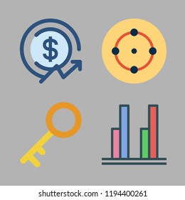 investment icon set. vector set about target, bar chart, key and profits icons set.