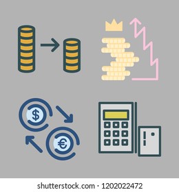investment icon set. vector set about money, calculator, exchange and coin stack icons set.
