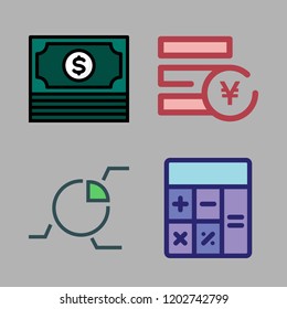 investment icon set. vector set about calculator, pie chart, money and yen icons set.