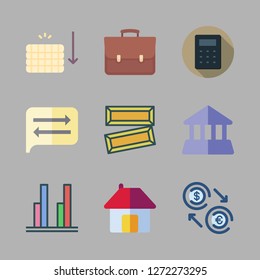 investment icon set. vector set about bar chart, calculator, bank and gold ingots icons set.