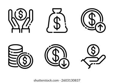 Investment icon set, vector, in line style for banking, finance, money, economy, business, etc