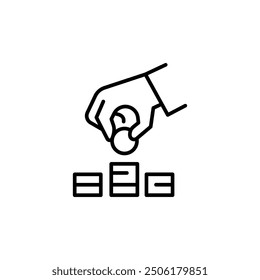 Investment icon. Simple line illustration depicting a hand placing a coin over stacked bars, symbolizing financial investment. Ideal for social media, app, and web design. Vector illustration