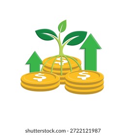 investment icon. stack of dollar coins with a plant on top and an up arrow. economy, business, simple. isometric design style