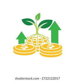 Anlagensymbol. Stapel von Dollarmünzen mit einer Pflanze oben und einem Pfeil nach oben. Wirtschaft, Geschäft, einfach. Flacher Design-Stil