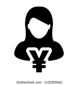 Investment icon vector female user person profile avatar with Yen sign currency money symbol for banking and finance business in flat color glyph pictogram 
illustration