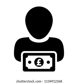 Investment icon vector male user person profile avatar with Pound sign currency money symbol for banking and finance business in flat color glyph pictogram illustration