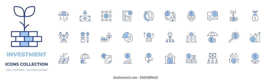 Investment icons collection. Line Duotone style, editable stroke. revenue, plant, idea, oil market, growth, burden, crowdfunding, budget, circular economy, profits.