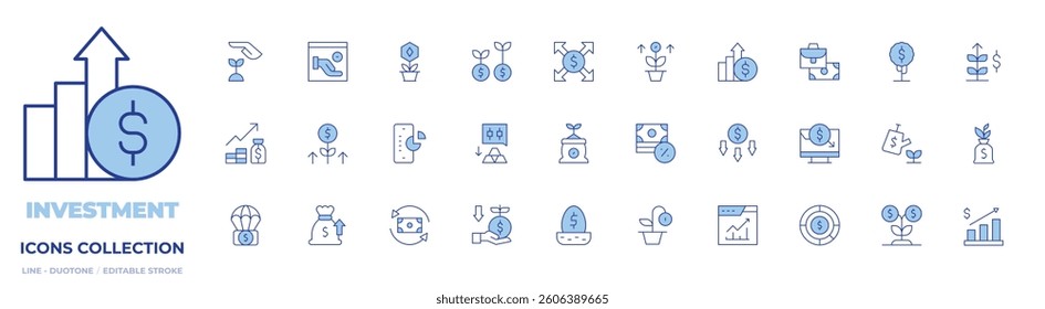 Investment icons collection. Line Duotone style, editable stroke. money drop, stock exchange, growth, nest, dollar tree, gold bars, trading, loan, cost, pie chart.