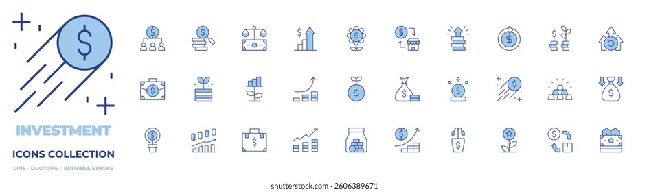 Investment icons collection. Line Duotone style, editable stroke. briefcase, crowdfunding, increase, liability, money, capital, investment, investing, money jar.
