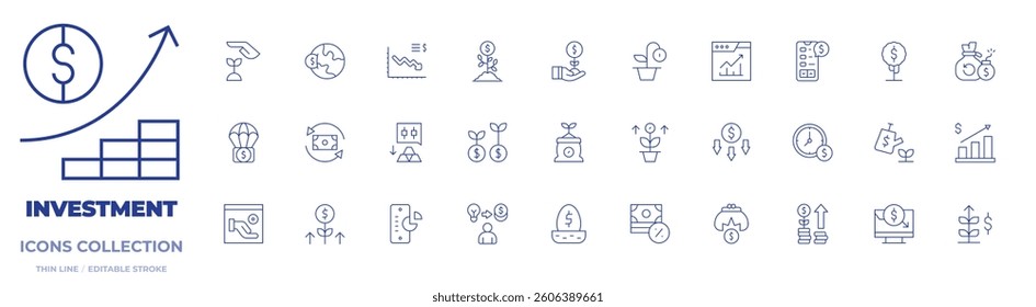 Investment icons collection. Thin Line icons, editable stroke. money drop, benefit, stock exchange, graphic chart, pouch, growth, nest, dollar tree, gold bars