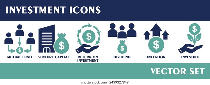 Investment icons. Containing mutual fund, venture capital, return on investment, dividend, inflation, investing. Solid icon collection. Vector set.