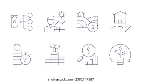 Investment icons. Editable stroke. Containing crowdfunding, loan, land, house, search, investment, growth.