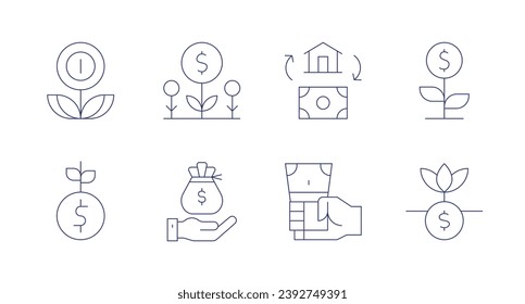 Iconos de inversión. Trazo editable. Con crecimiento, crecimiento monetario, ingresos, inversión, beneficios, rendimiento.