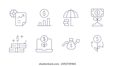 Investment icons. Editable stroke. Containing growth, budget, investment insurance, investment, finance, return of investment, agriculture.