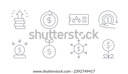 Investment icons. Editable stroke. Containing increase, liability, smartphone, investment, circular economy, growth, return on investment.