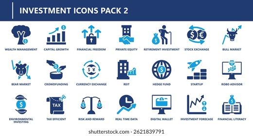 Investment icons pack in solid style with capital growth, financial freedom, stock exchange, hedge fund, startup, digital wallet, and more.