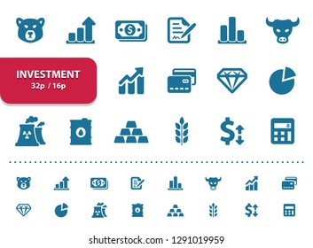 Investment Icons. Professional, pixel perfect icons, EPS 10 format, optimized for 32p and 16p (2x magnification for preview).