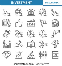 Investment Icons. Professional, pixel perfect icons optimized for both large and small resolutions. EPS 8 format. 2x size for preview.