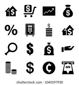 Investment icons. set of 16 editable filled investment icons such as coin, money sack, dollar, percent, dolar growth, dollar search, coin, line graph, atm money withdraw