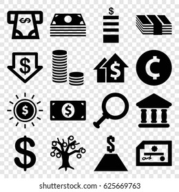 Investment icons set. set of 16 investment filled icons such as Coin, dollar down, ATM money withdraw, bank, money dollar, coin, dolar growth