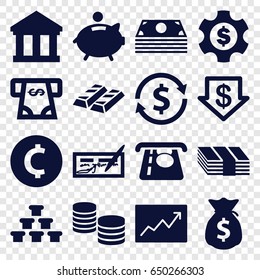 Investment icons set. set of 16 investment filled icons such as atm money withdraw, dollar down, line graph, piggy bank, money sack, dollar gear, bank, coin, check