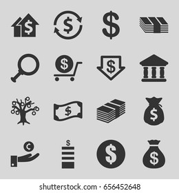 Investment icons set. set of 16 investment filled icons such as coin, money sack, dollar down, dollar, bank, money sack, crown, hand on coin, dolar growth