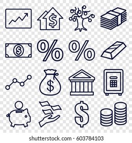 Investment icons set. set of 16 investment outline icons such as Money sack, money on hand, safe, line graph, coin, dollar, bank, percent, piggy bank, dolar growth