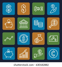 Investment icons set. set of 16 investment outline icons such as coin, line graph, piggy bank, money, dollar, bank, money exchange, coin, dollar search